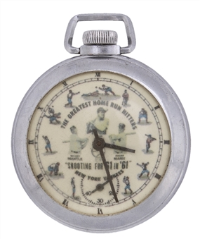 1960s 16S Ingraham "The Greatest Home Run Hitters - Shooting for 61 in 61" Babe Ruth/Mickey Mantle/Roger Maris Fully Functional Pocket Watch With Box/Instructions 